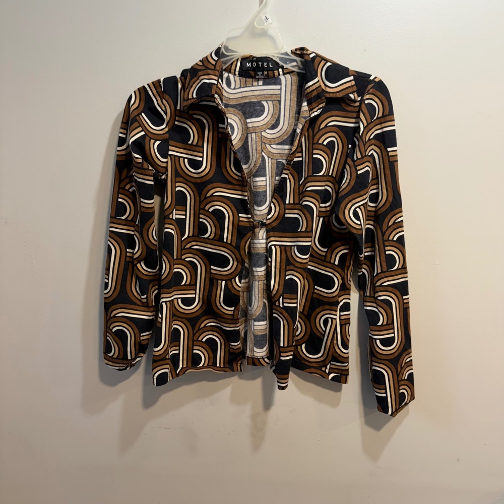Motel Rocks Brown Geometric Retro 70s Print Long Sleeve Hook Front Top Medium